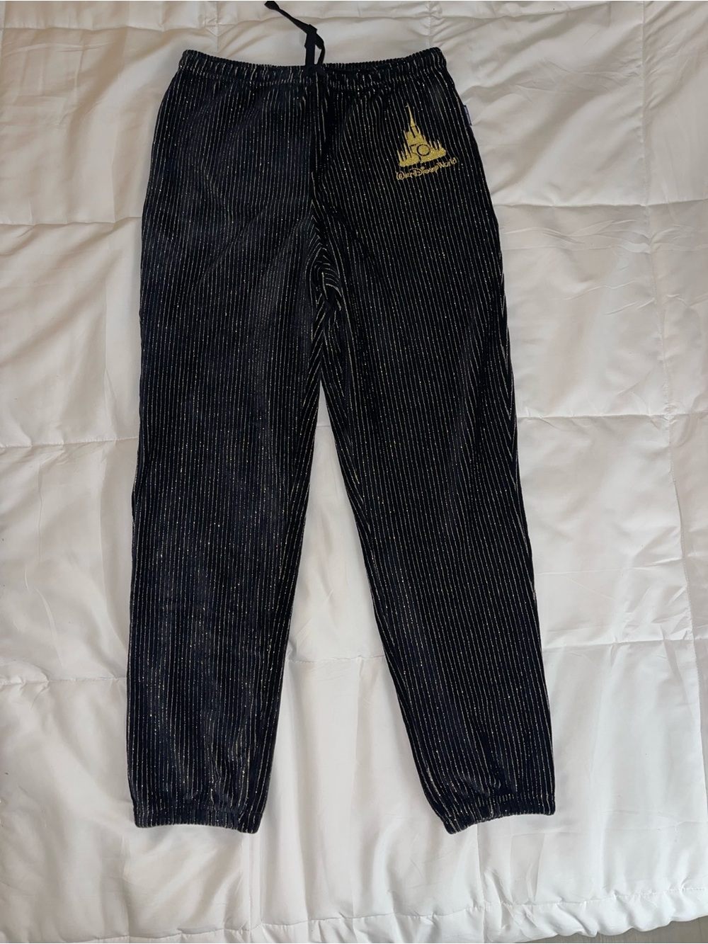 Disney Black Pinstripe Velour Pants with Gold Walt Disney World Castle